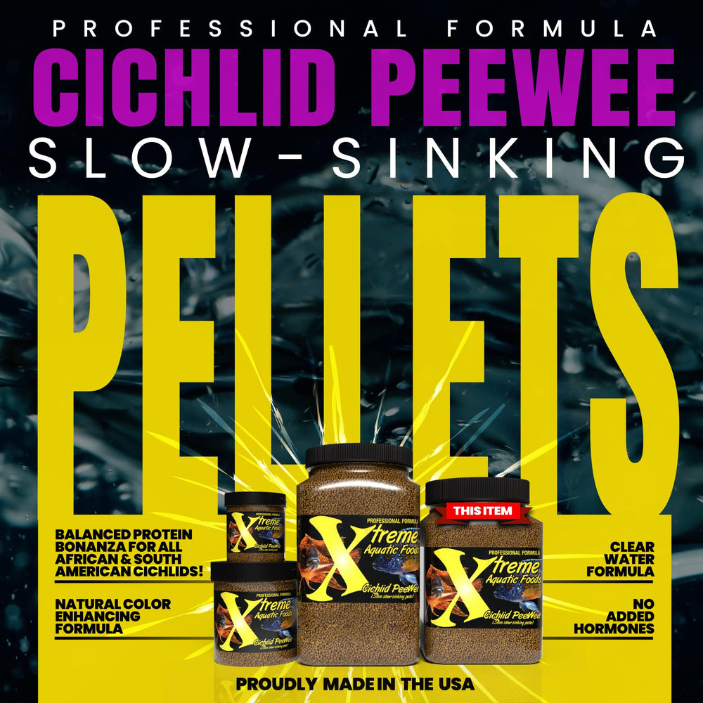 Closeup of Xtreme Cichlid PeeWee pellets emphasizing protein blend for color and vitality