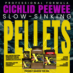 Closeup of Xtreme Cichlid PeeWee pellets emphasizing protein blend for color and vitality