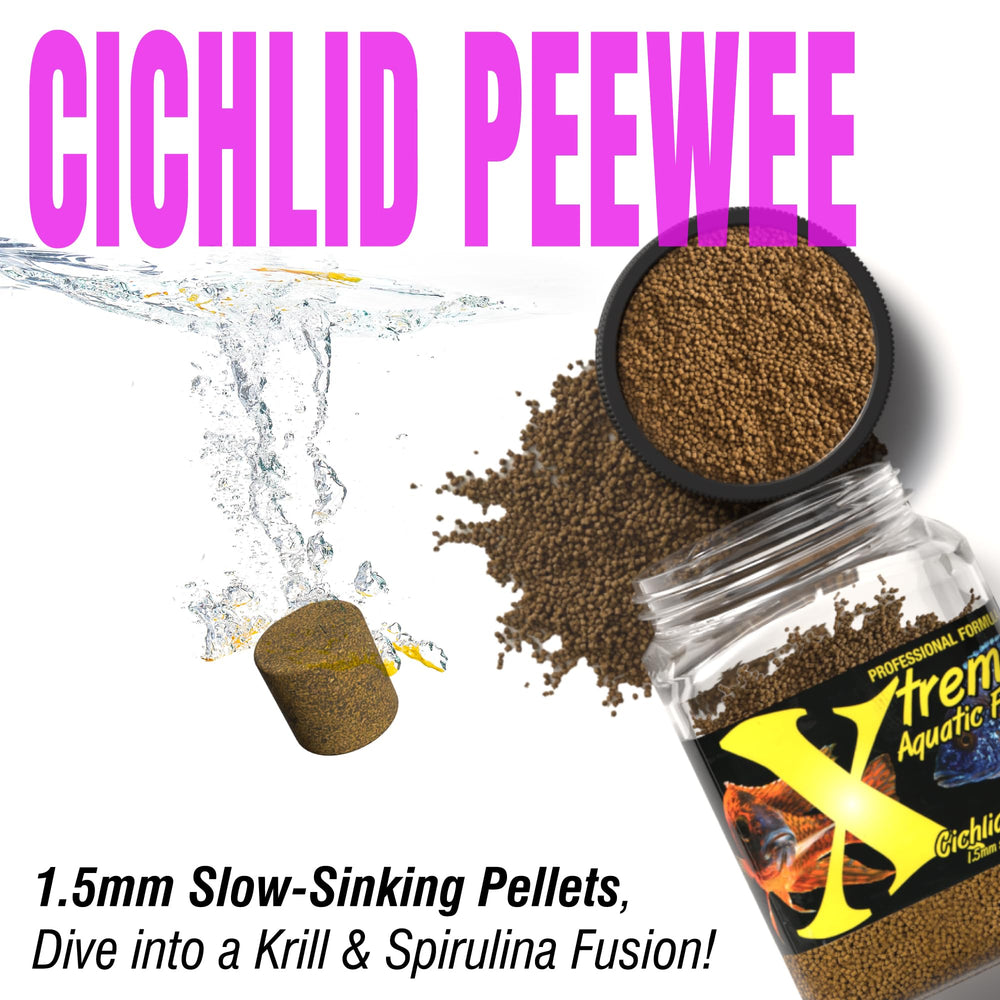 Xtreme Cichlid PeeWee pellets in tank during feeding, promoting natural behavior