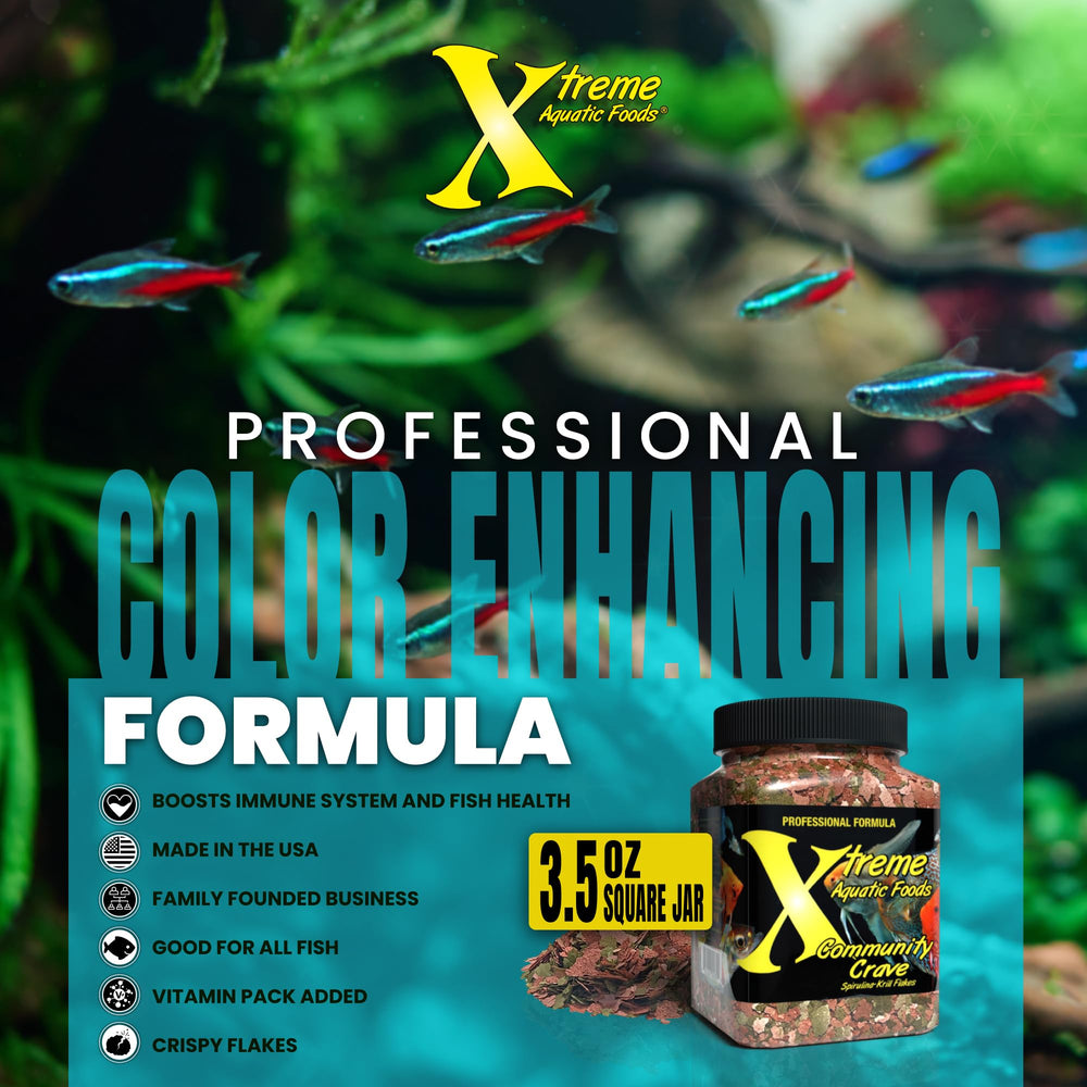 Xtreme Aquatic Foods Community Crave color-boosting flakes enhancing tropical and freshwater fish vibrancy.