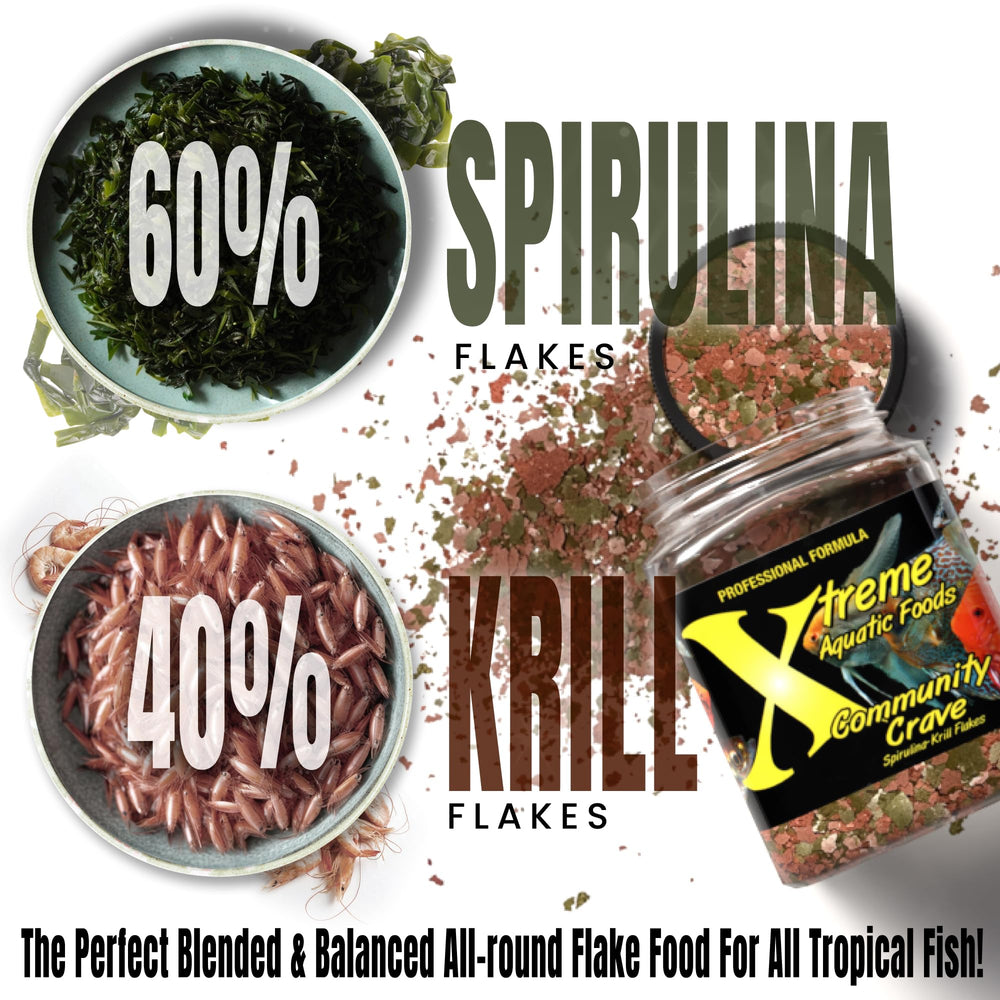 Xtreme Aquatic Foods Community Crave flakes pouring into a feeding dish for easy portioning.