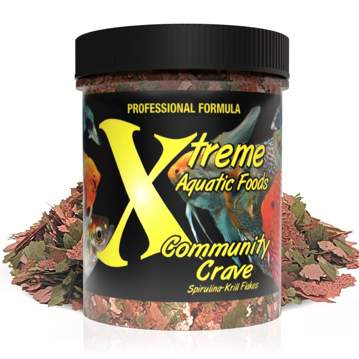 Xtreme Aquatic Foods Community Crave packaging highlights premium flakes for vibrant colors.