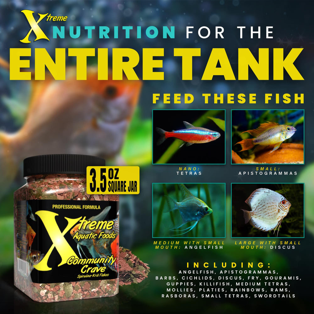 Xtreme Aquatic Foods Community Crave texture close-up, spirulina-rich flakes for balanced nutrition.