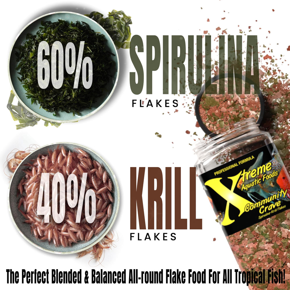 Xtreme Aquatic Foods spirulina-rich flakes for protein and vitamin intake.