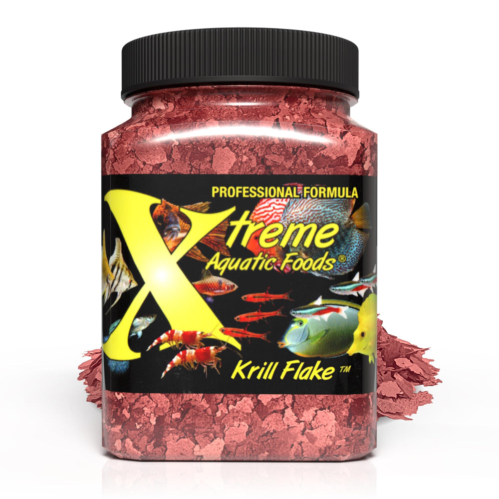 Xtreme Krill Flakes packaging close-up highlighting premium ingredients for vibrant freshwater fish.