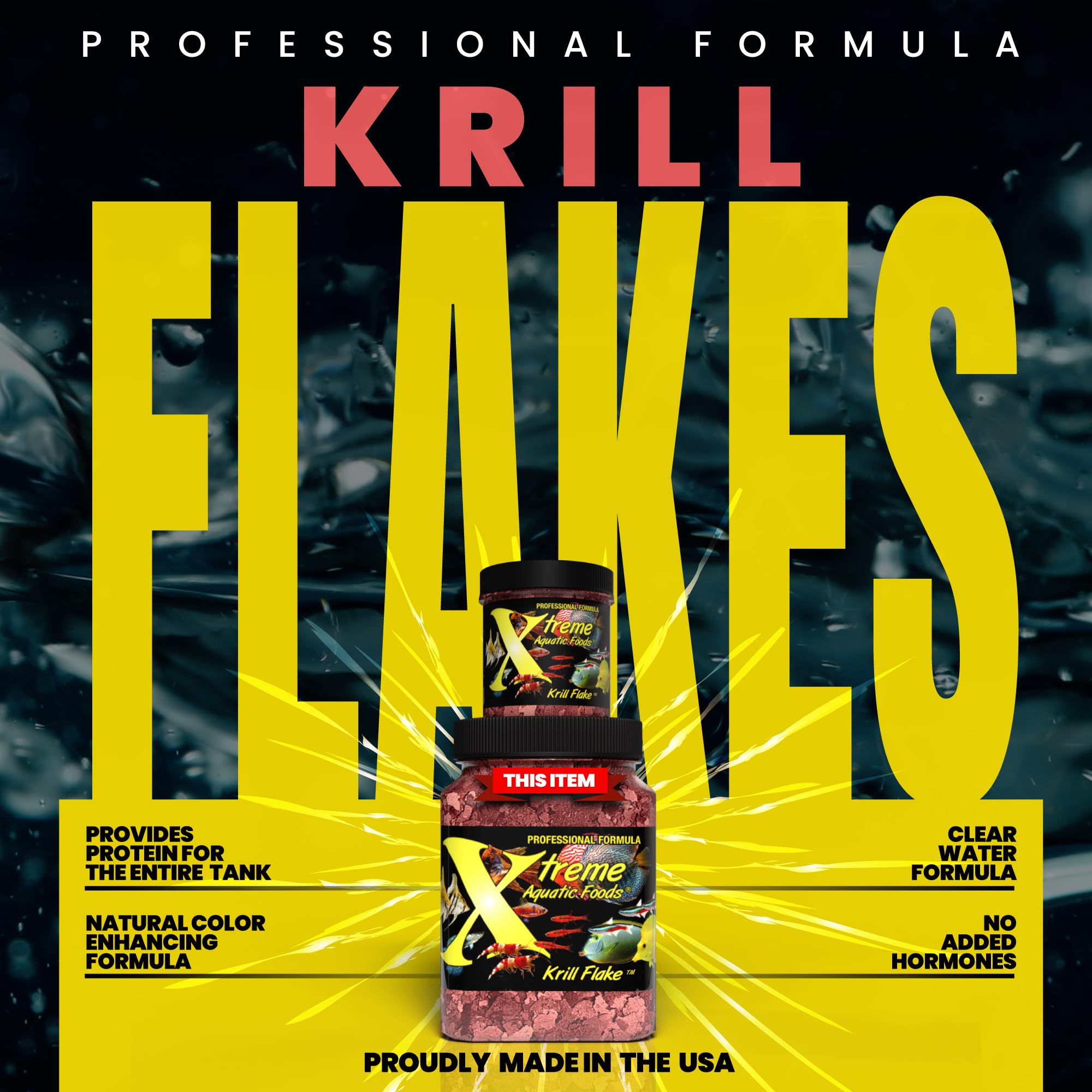 Close-up of Xtreme Krill Flakes ingredients showing krill and shrimp protein blend.