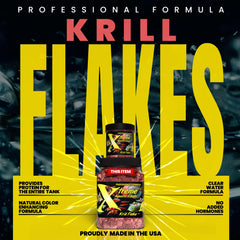 Close-up of Xtreme Krill Flakes ingredients showing krill and shrimp protein blend.