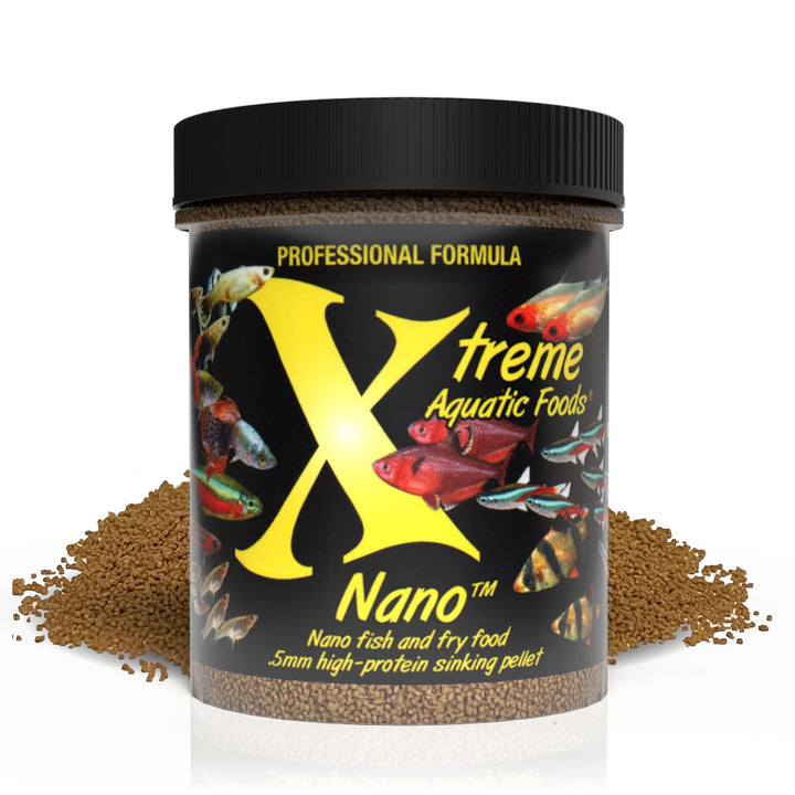 Xtreme Aquatic Foods nano pellets packaging shows a 5oz bottle for compact storage.