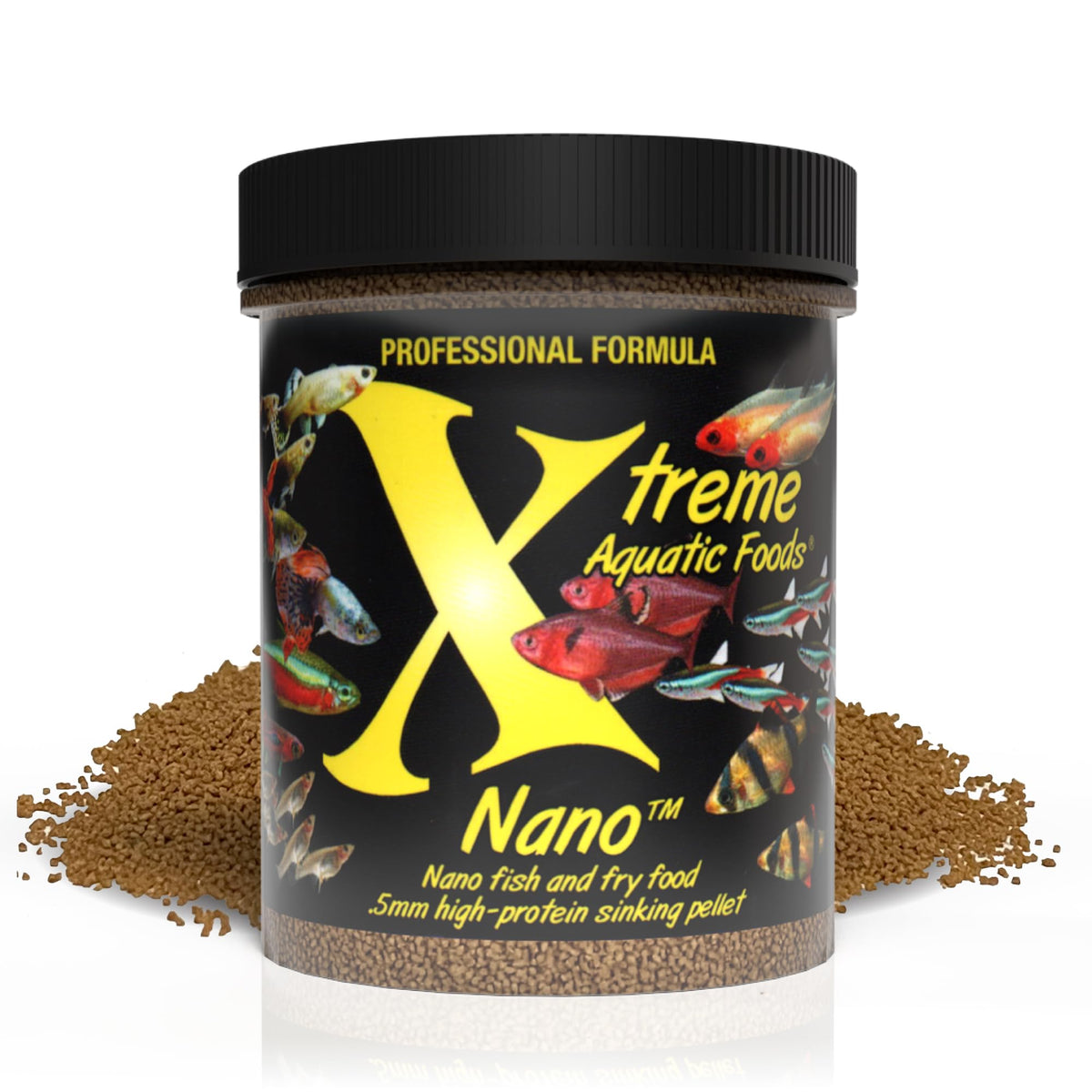 Xtreme Aquatic Foods nano pellets packaging shows a 5oz bottle for compact storage.
