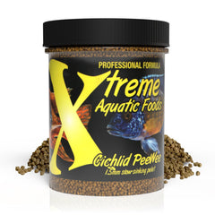 Xtreme Aquatic Foods PeeWee pellets close-up showing 1.5mm size for efficient cichlid feeding