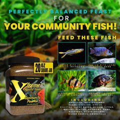 Xtreme Aquatic Foods PeeWee pellets closeup showing 1.5mm size for even feeding.