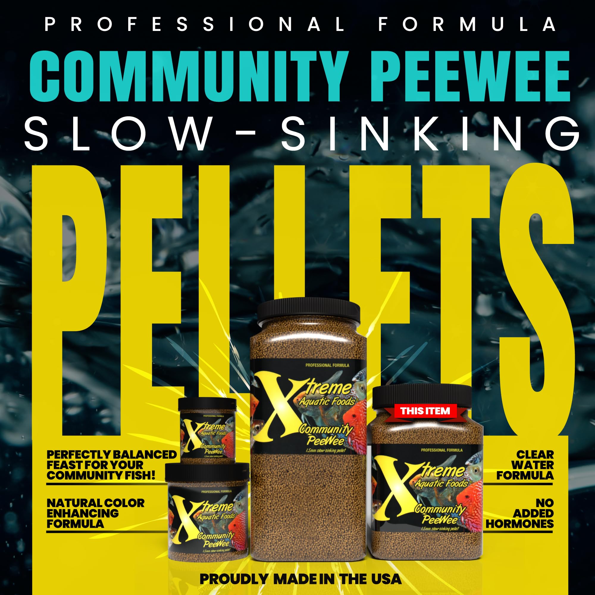 Xtreme Aquatic Foods PeeWee pellets with a dispense scoop for easy portion control.