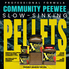 Xtreme Aquatic Foods PeeWee pellets with a dispense scoop for easy portion control.