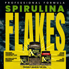 Xtreme Spirulina Flakes tropical fish feeding scene promotes balanced nutrition.