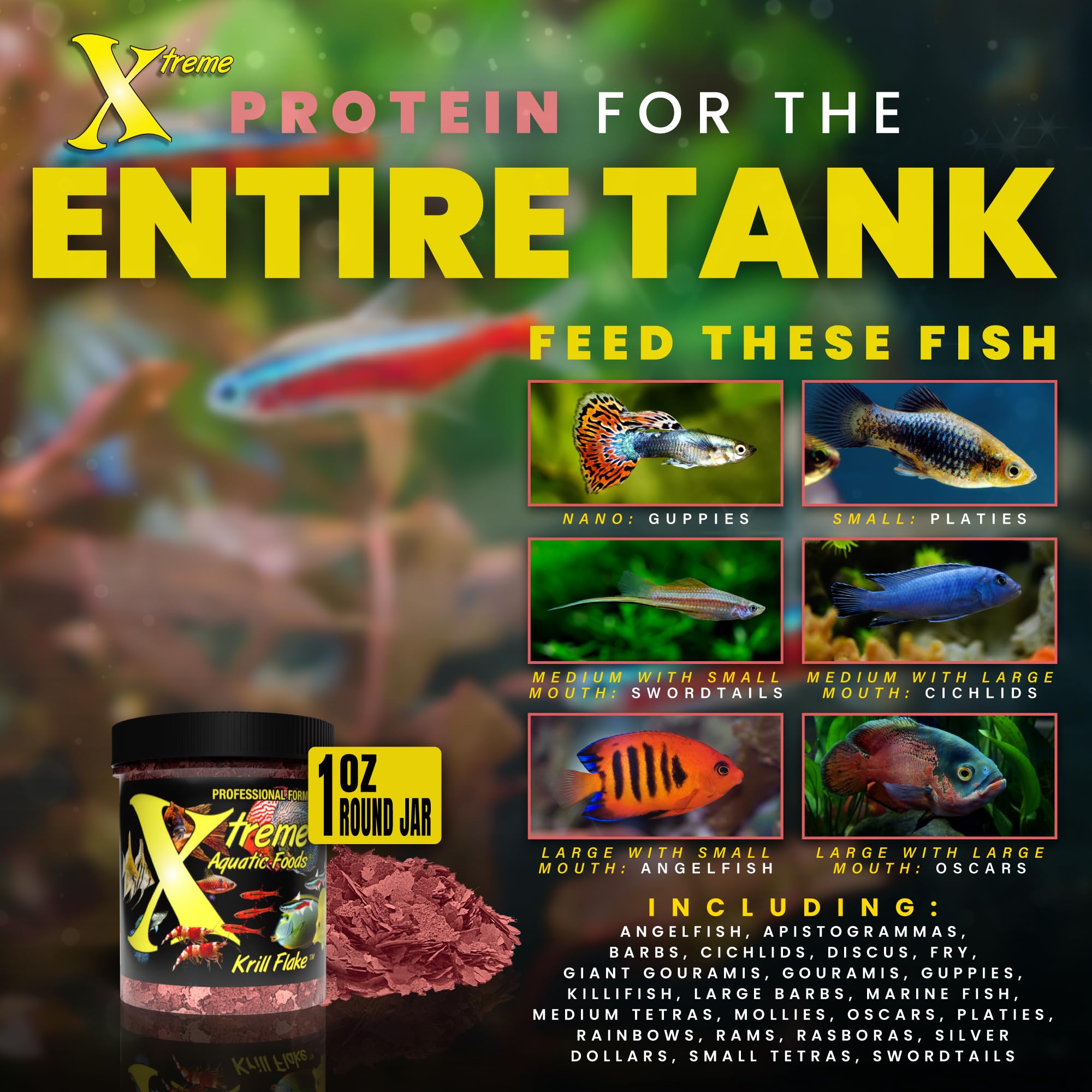 Xtreme Krill Flakes being poured for easy feeding and reduced waste.