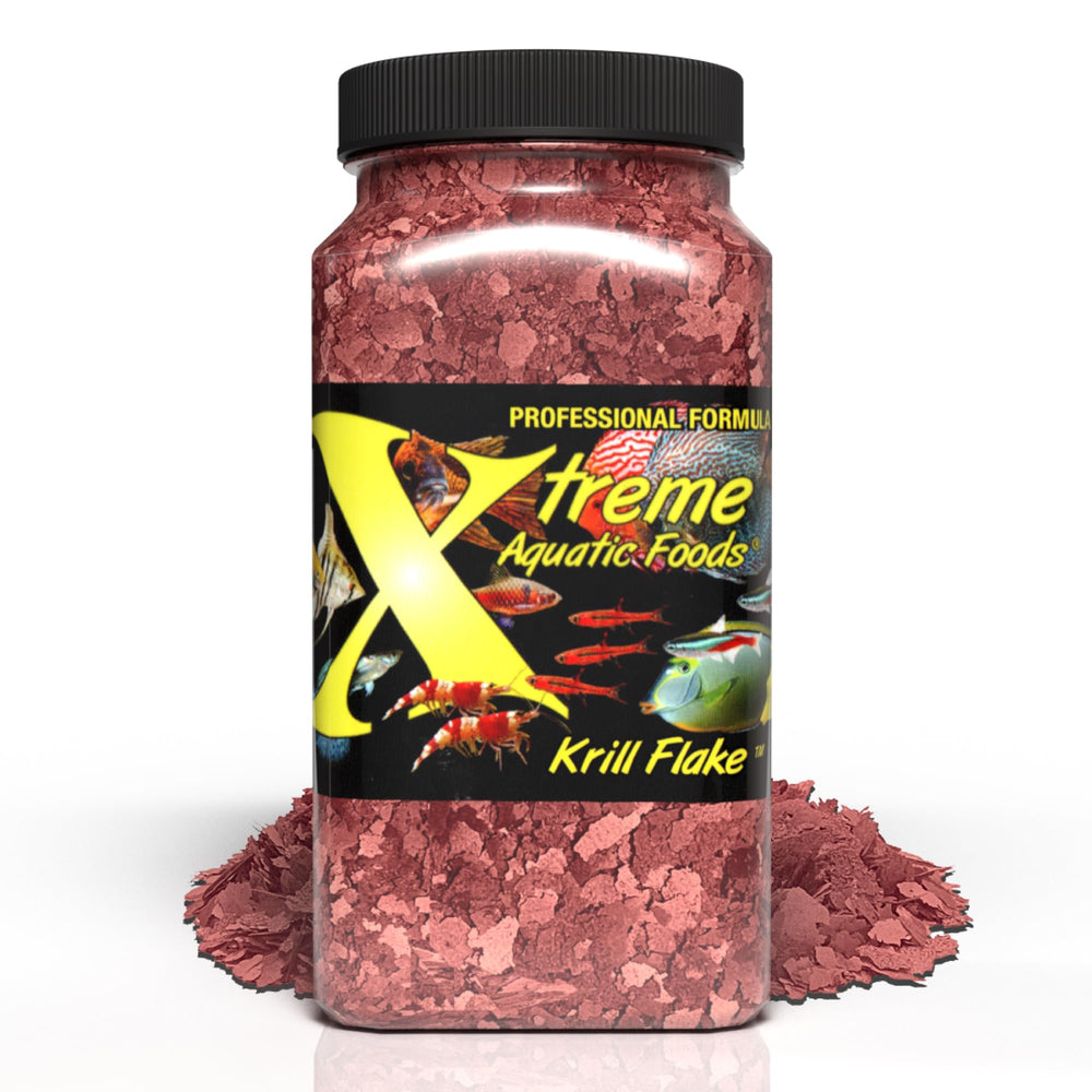 Xtreme Krill Flakes packaging shows premium USA-crafted quality for fish feeding