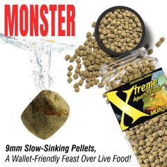 Xtreme Monster 9.0mm pellets in large tank feeding scenario with slow sinking