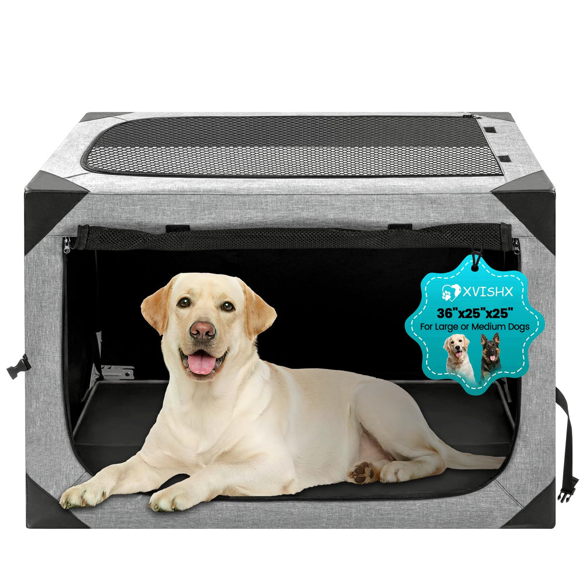 XVISHX dog crate 36x25x25, compact size for home or travel use.