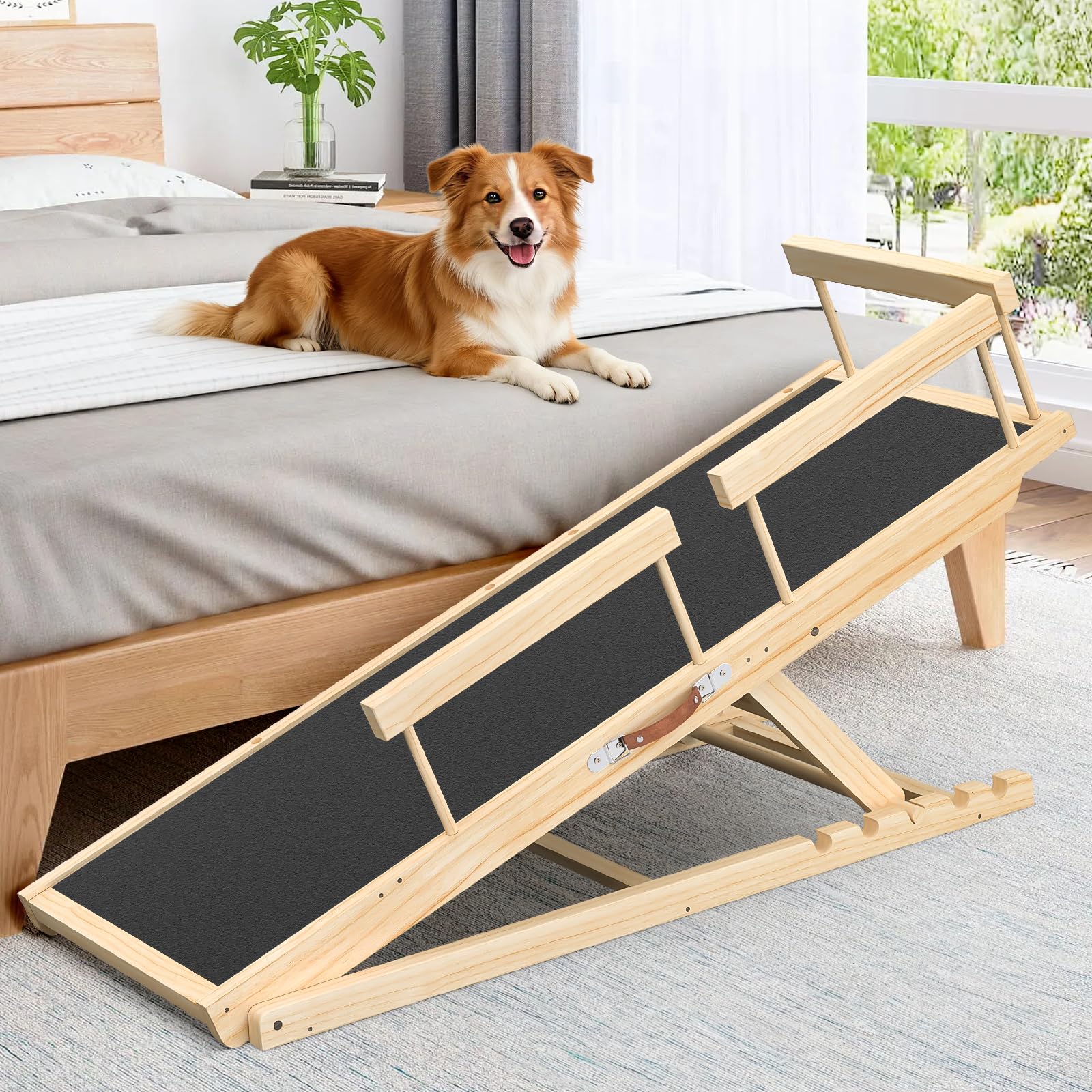 XXBEN Dog Ramp Bed Wooden Frame helps pets climb safely to high beds.
