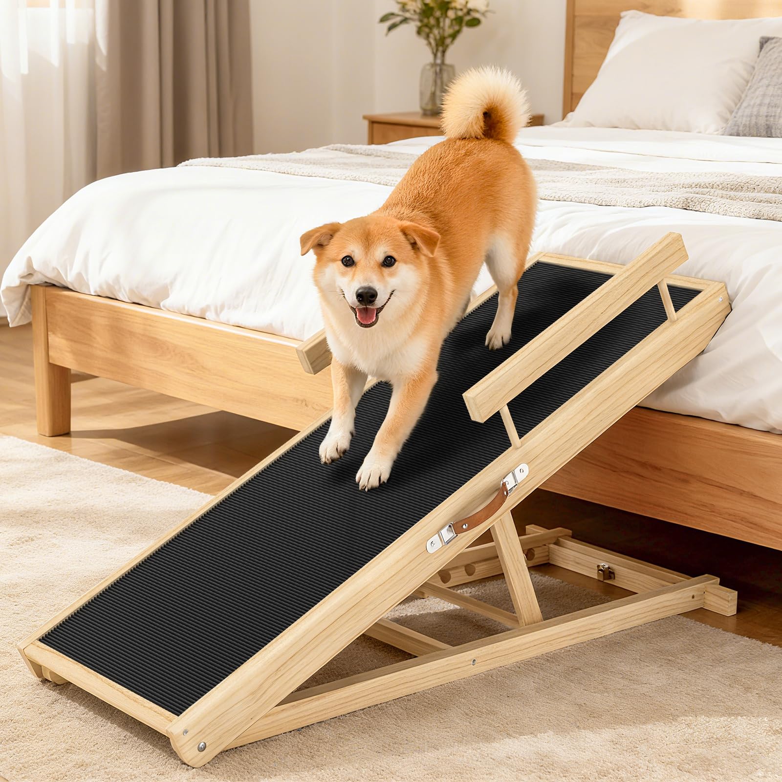 XXBEN dog ramp on couch shows sturdy wood construction for reliable use