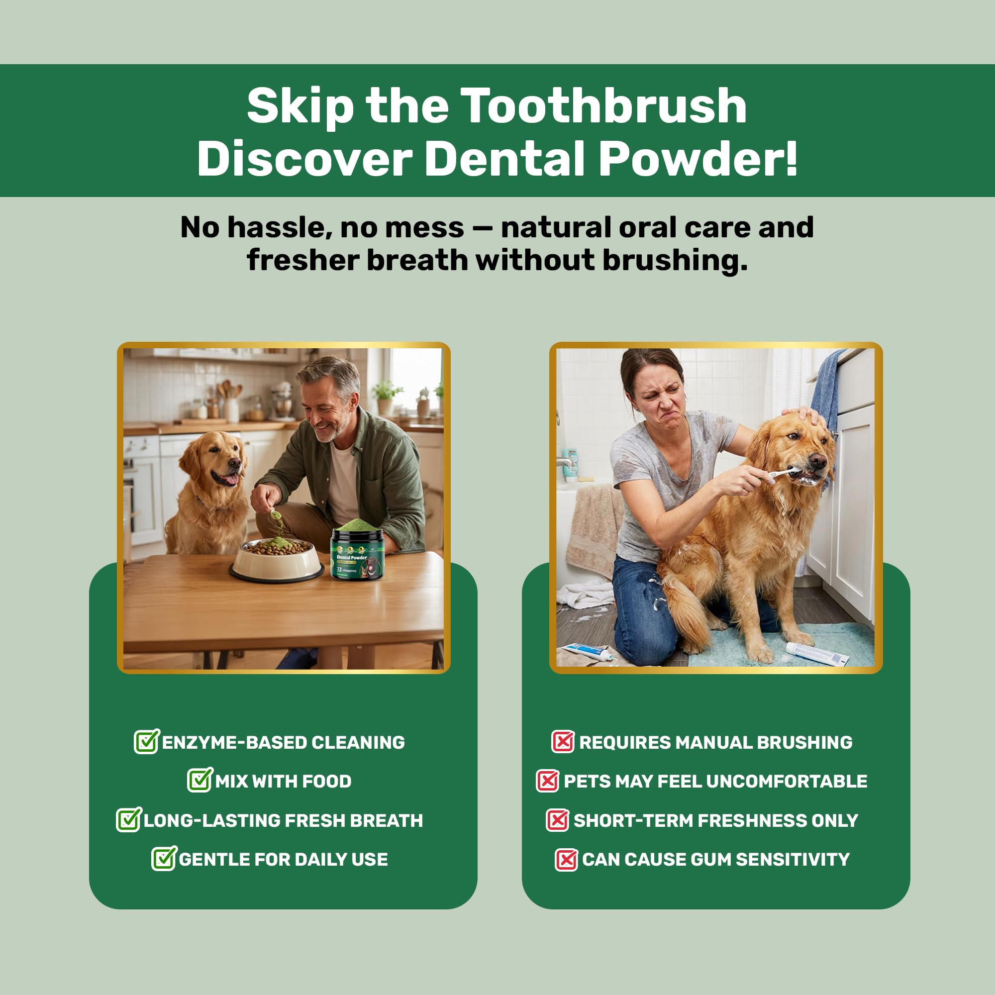 Yabercha probiotic dog dental powder ingredients panel indicating pet-safe formula.
