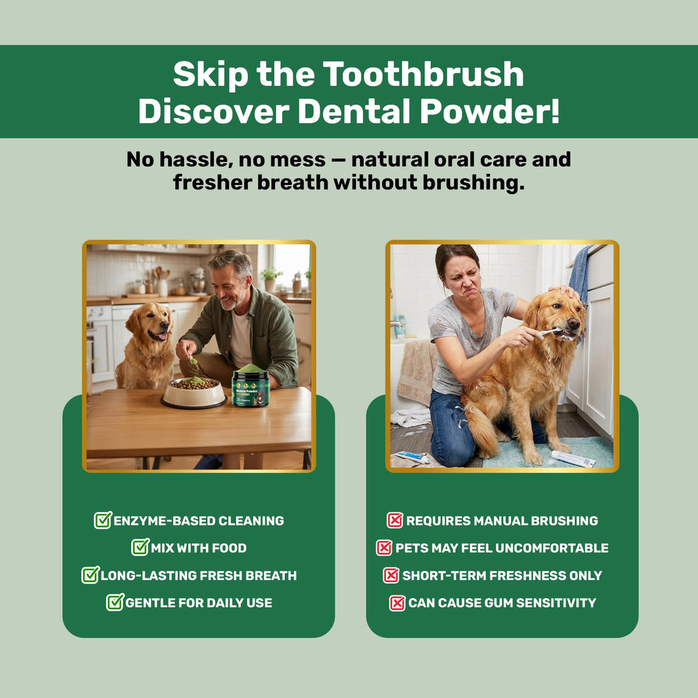 Yabercha probiotic dog dental powder ingredients panel indicating pet-safe formula.