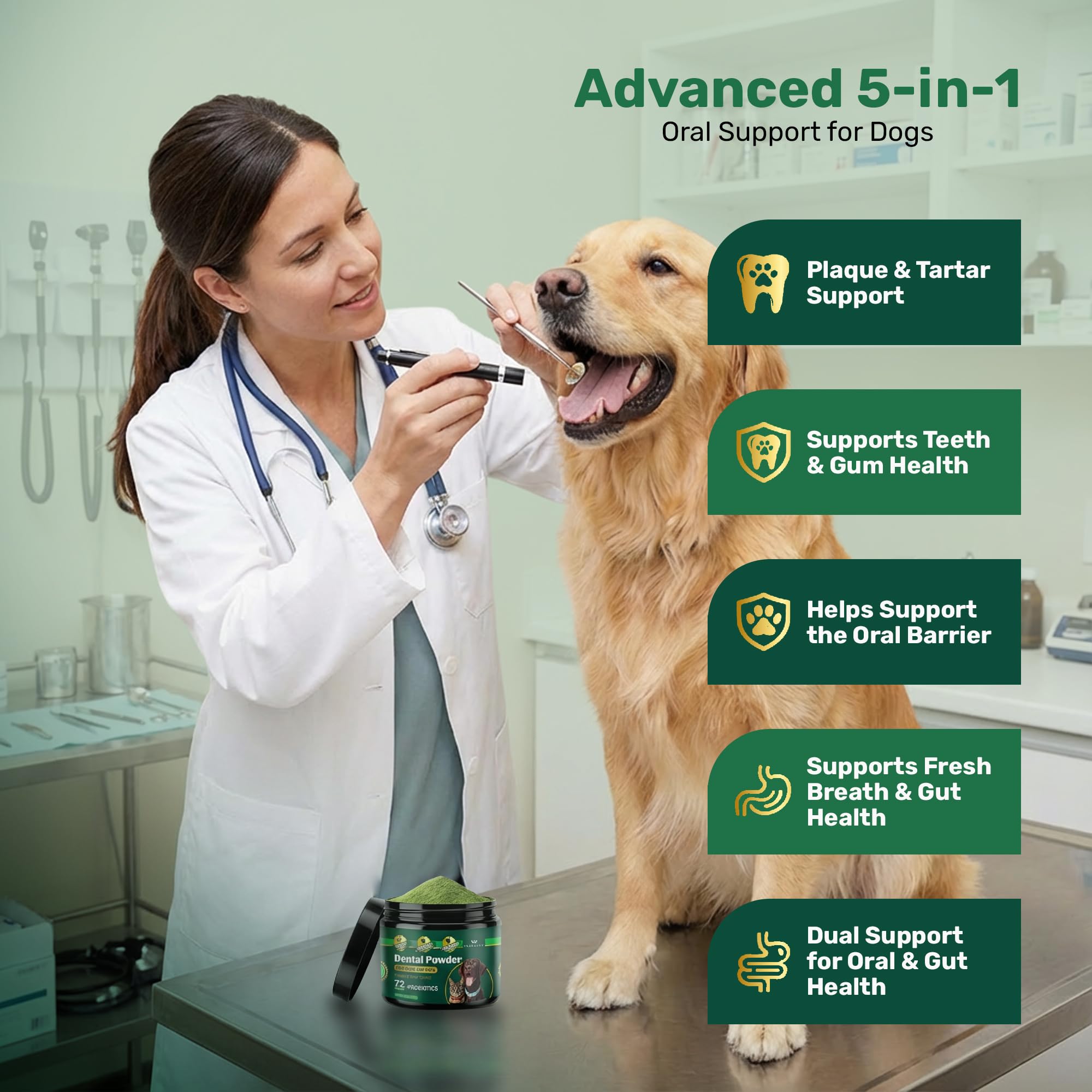 Yabercha powder sprinkled on dog food to support regular oral care.