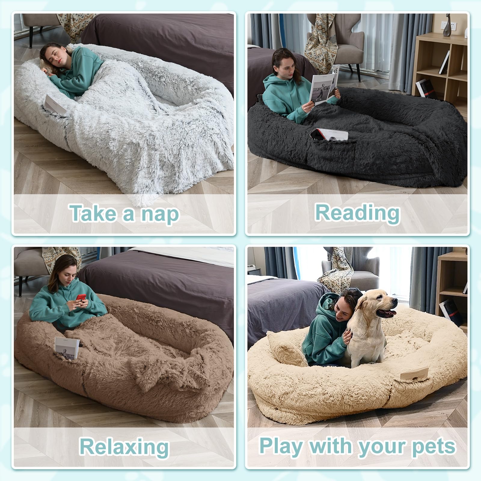 YAEM Human Dog Bed complete package includes blanket and pillow