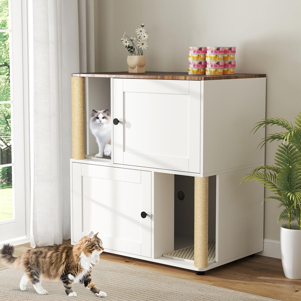 Yafylly double litter box enclosure front view with private spaces for two cats