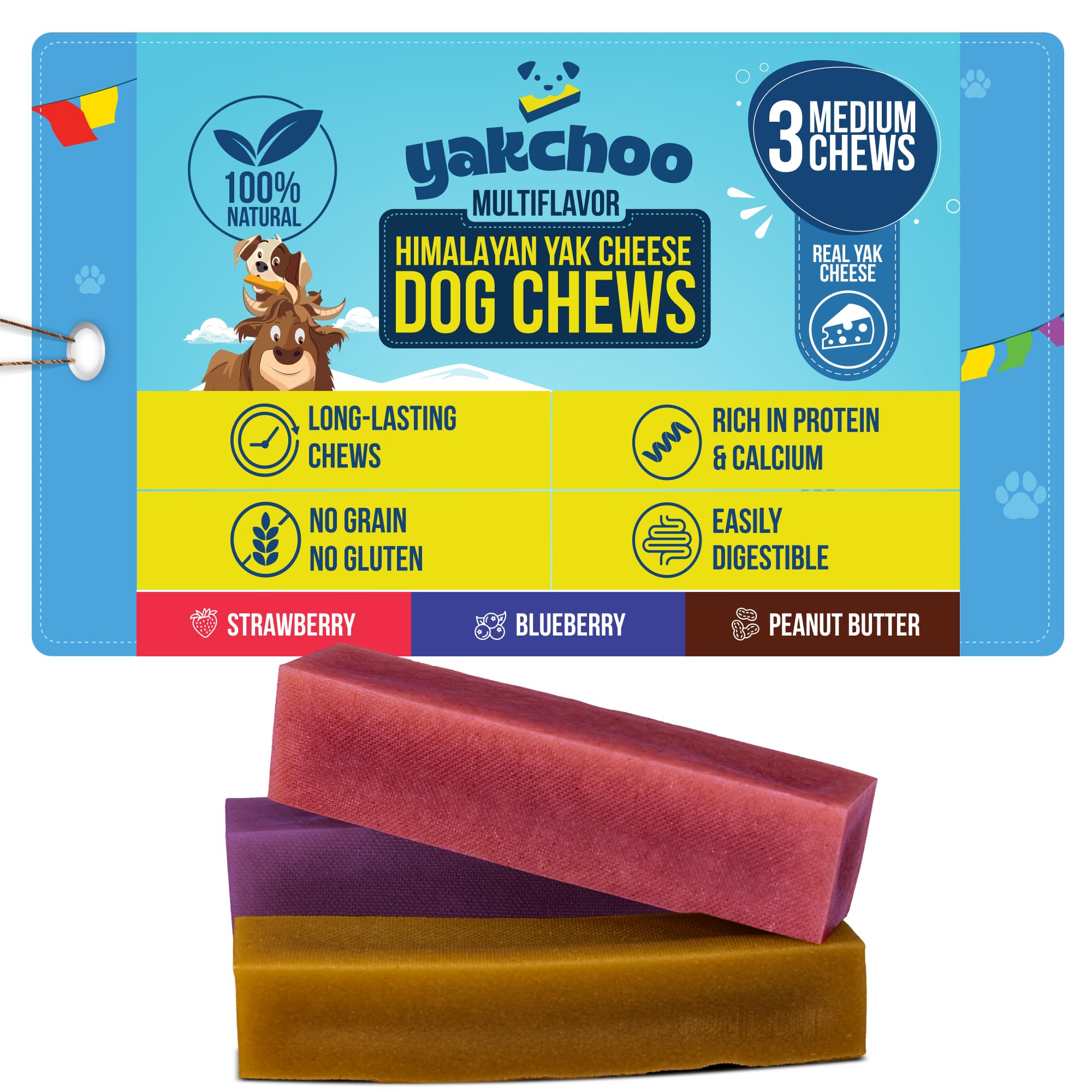 Yakchoo Himalayan Yak Chews Blueberry Bar for dogs; antioxidant-rich flavor and long chew time.