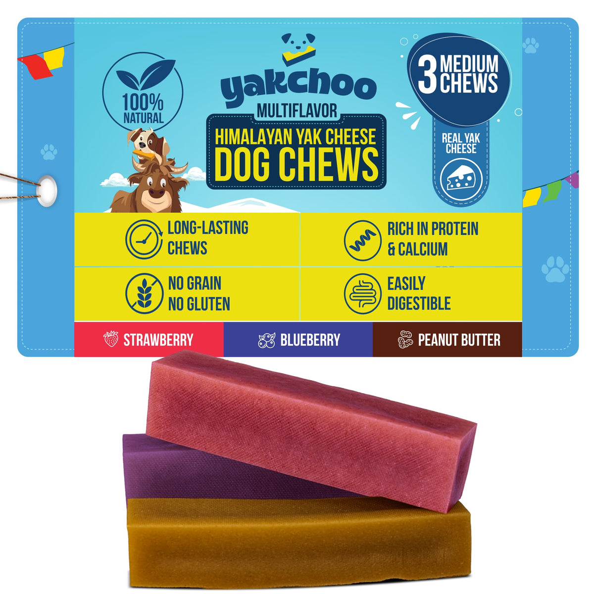 Yakchoo Himalayan Yak Chews Blueberry Bar for dogs; antioxidant-rich flavor and long chew time.