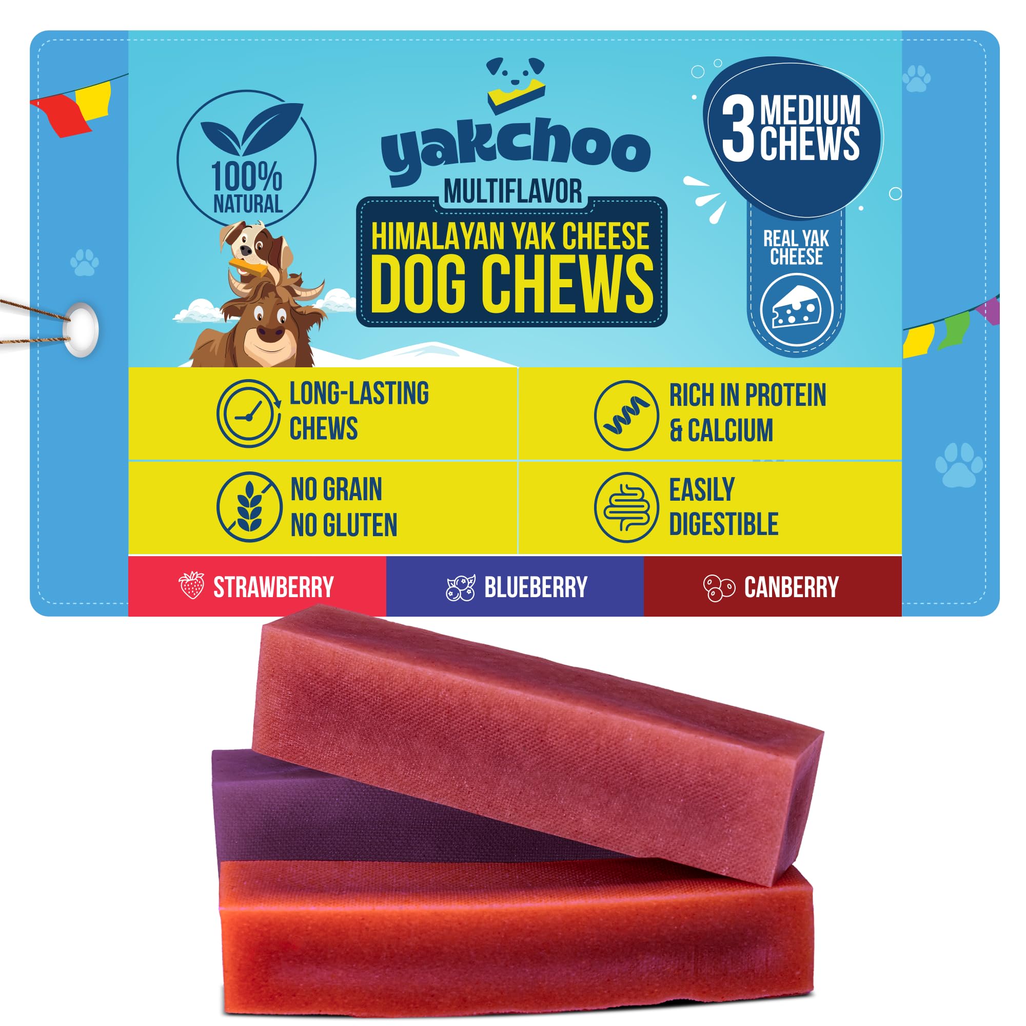 Yakchoo Himalayan yak chews blueberry bars close-up, antioxidant-rich treat.