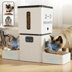 Yakry automatic cat feeder with dual cameras and bowls for two pets.