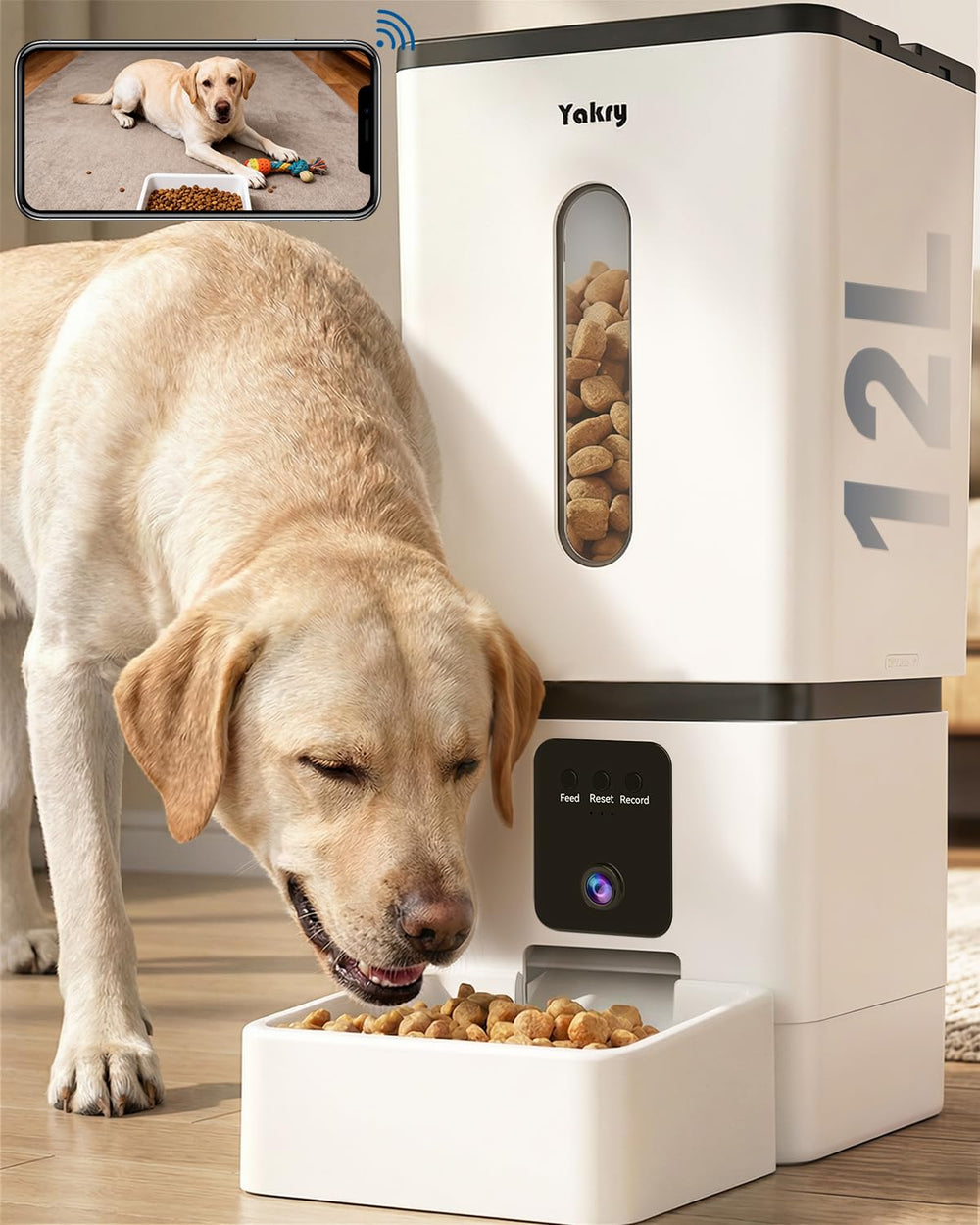 Yakry automatic dog feeder top view showing 12L capacity for multiple pets