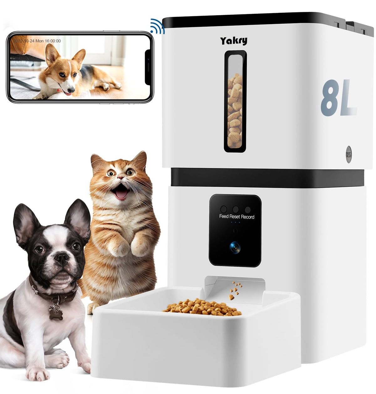Yakry automatic feeder with camera desk shot showing 33 cup capacity for fewer refills