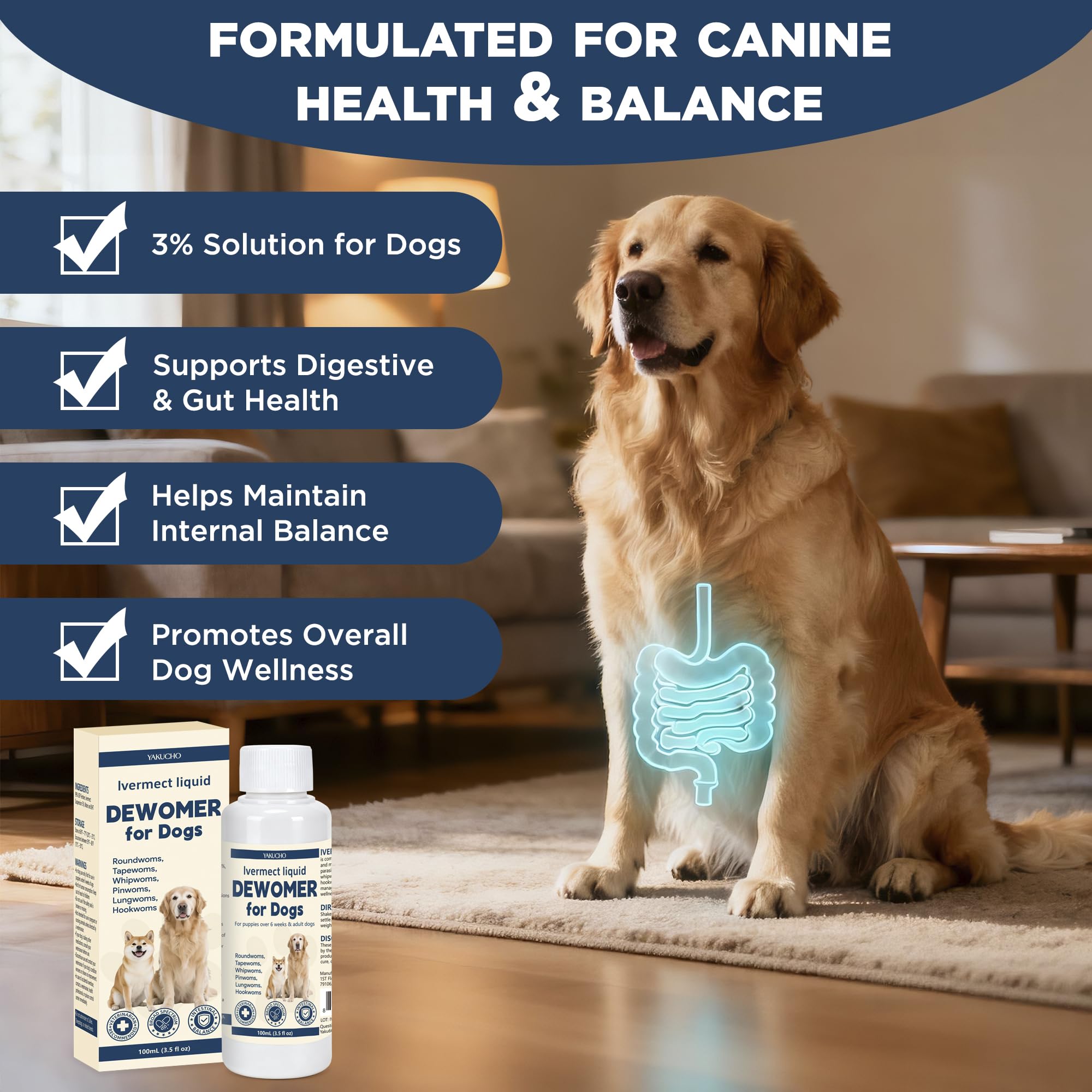 Yakucho Dewomax packaging highlights broad spectrum digestive support for puppies and adult dogs.