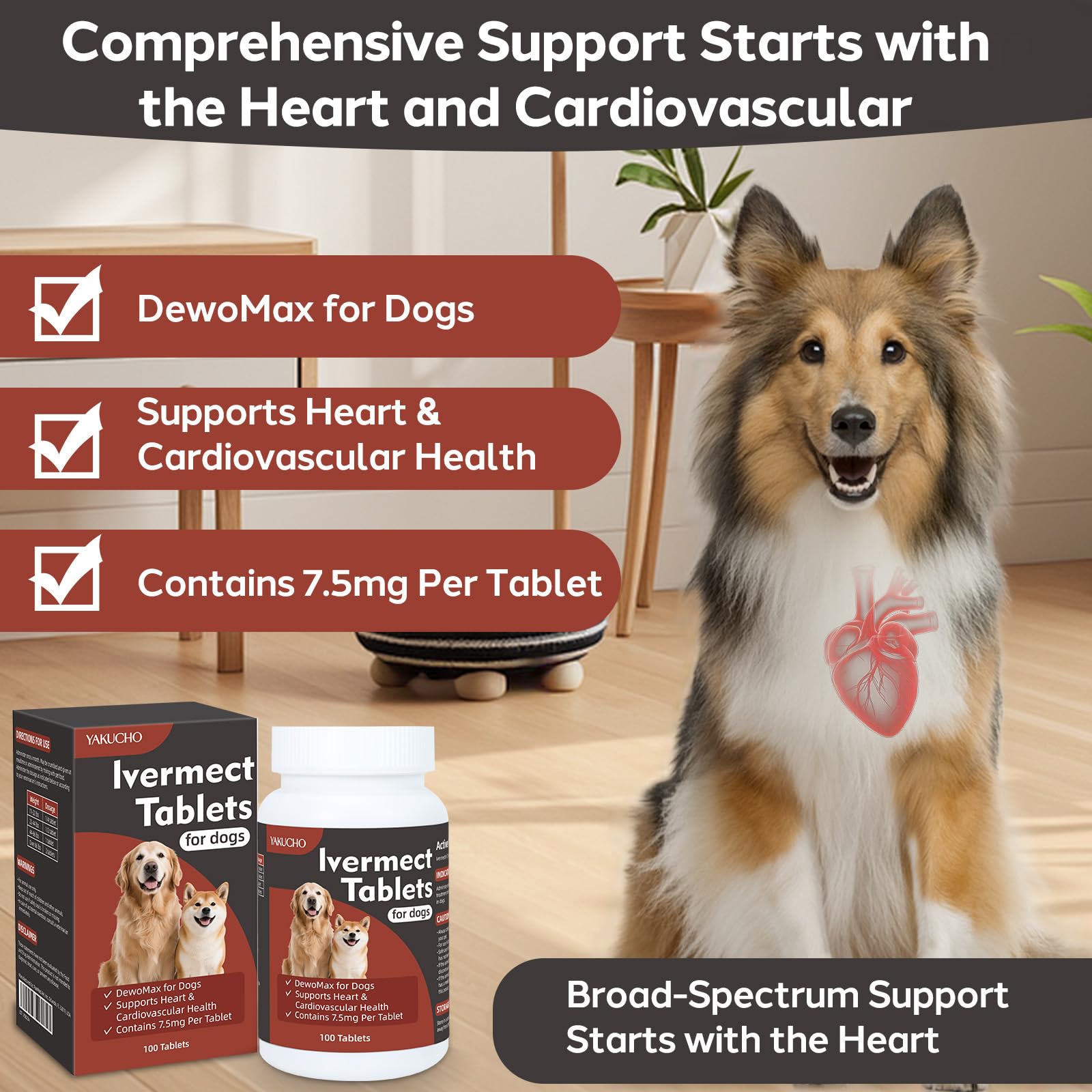 Yakucho lvermect 7-5mg bottle with clear dosing for canine care.