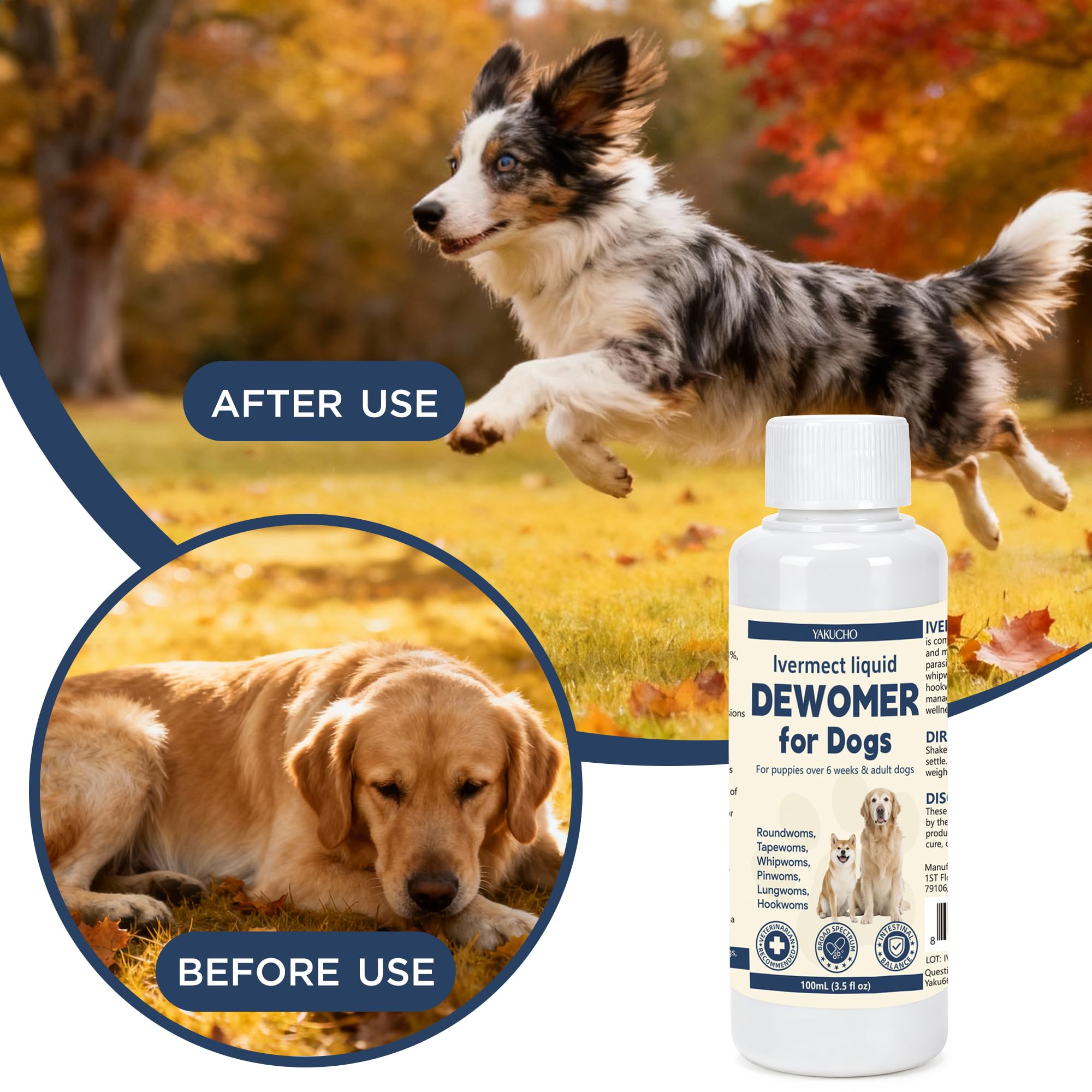 Yakucho lvermect dog liquid supplement close-up shows smooth, easy to administer texture.