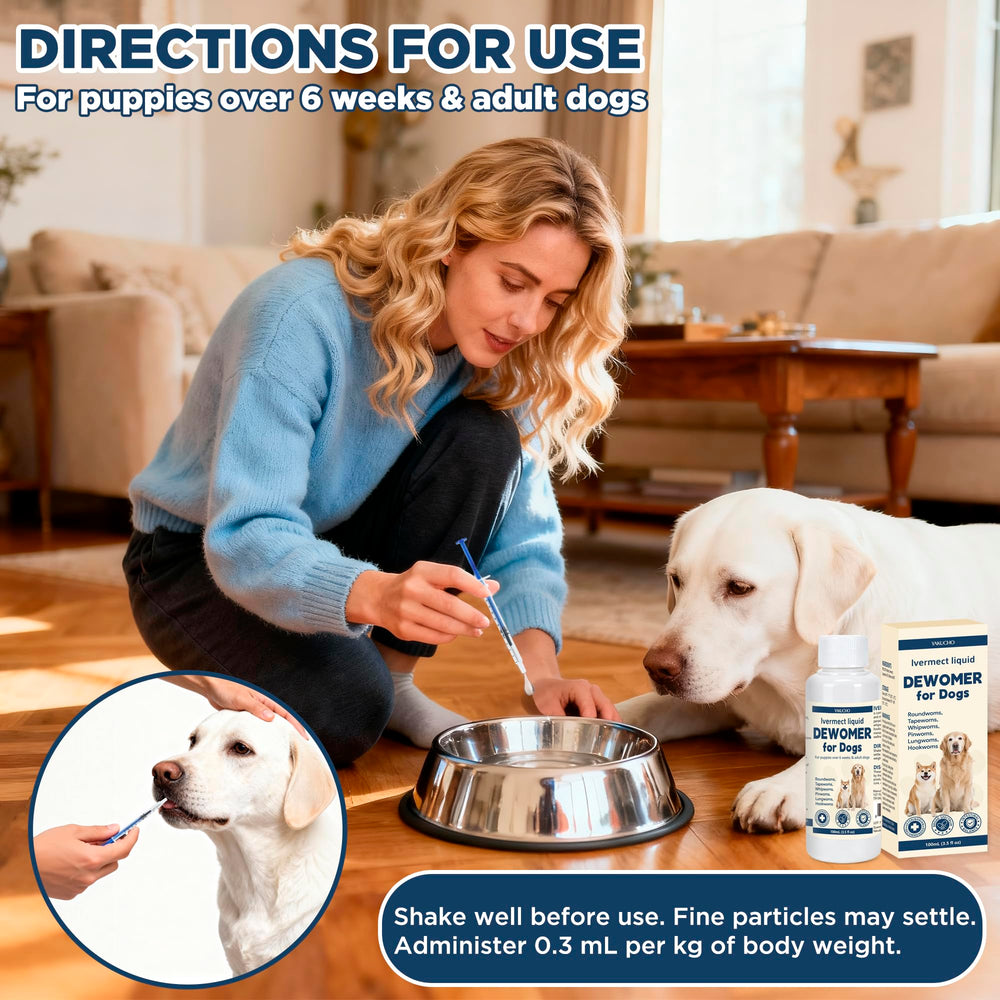 Yakucho lvermect dog liquid supplement scene emphasizes wellness support for canine internal balance.