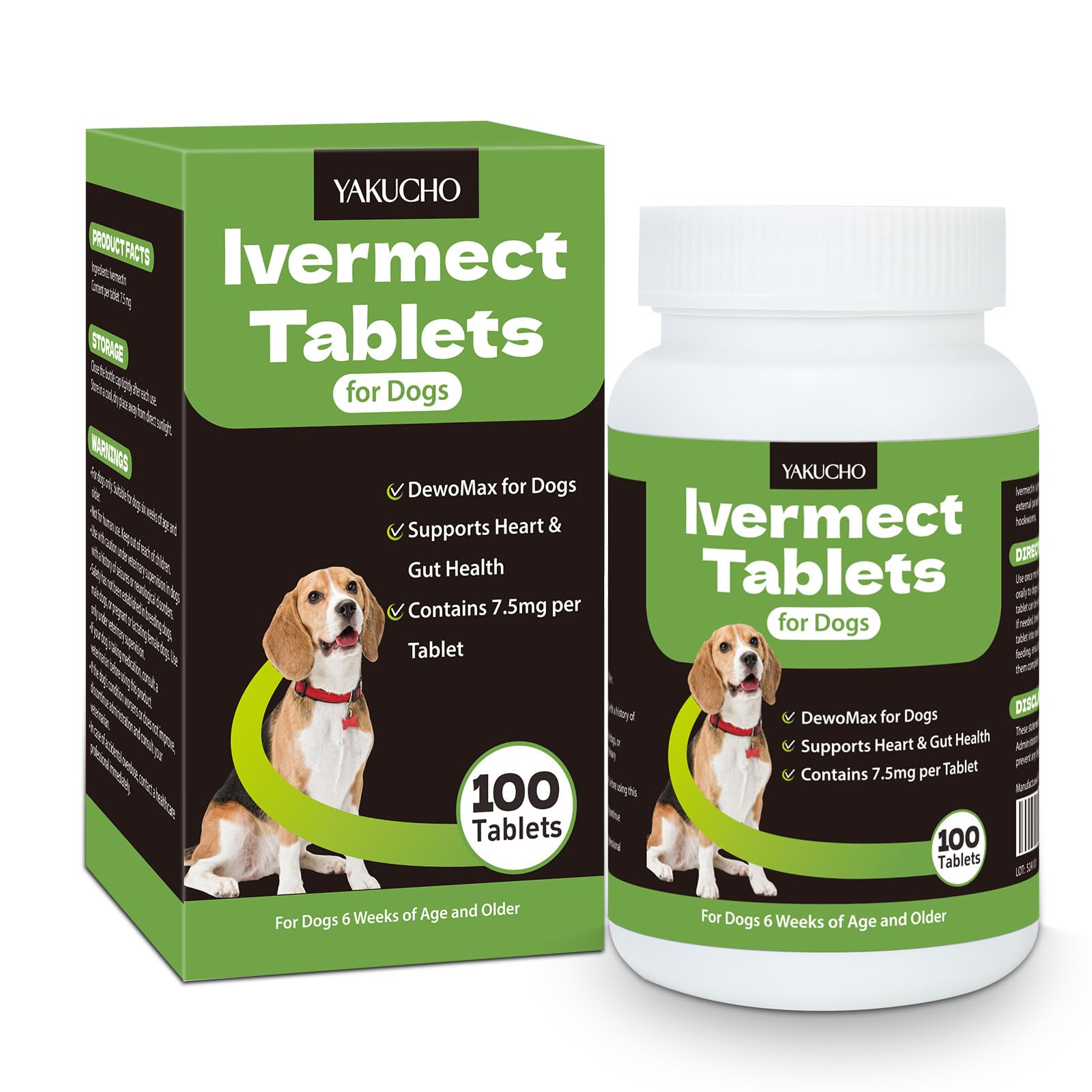 Yakucho lvermect tablets for dogs bottle display; supports gut balance and daily health.