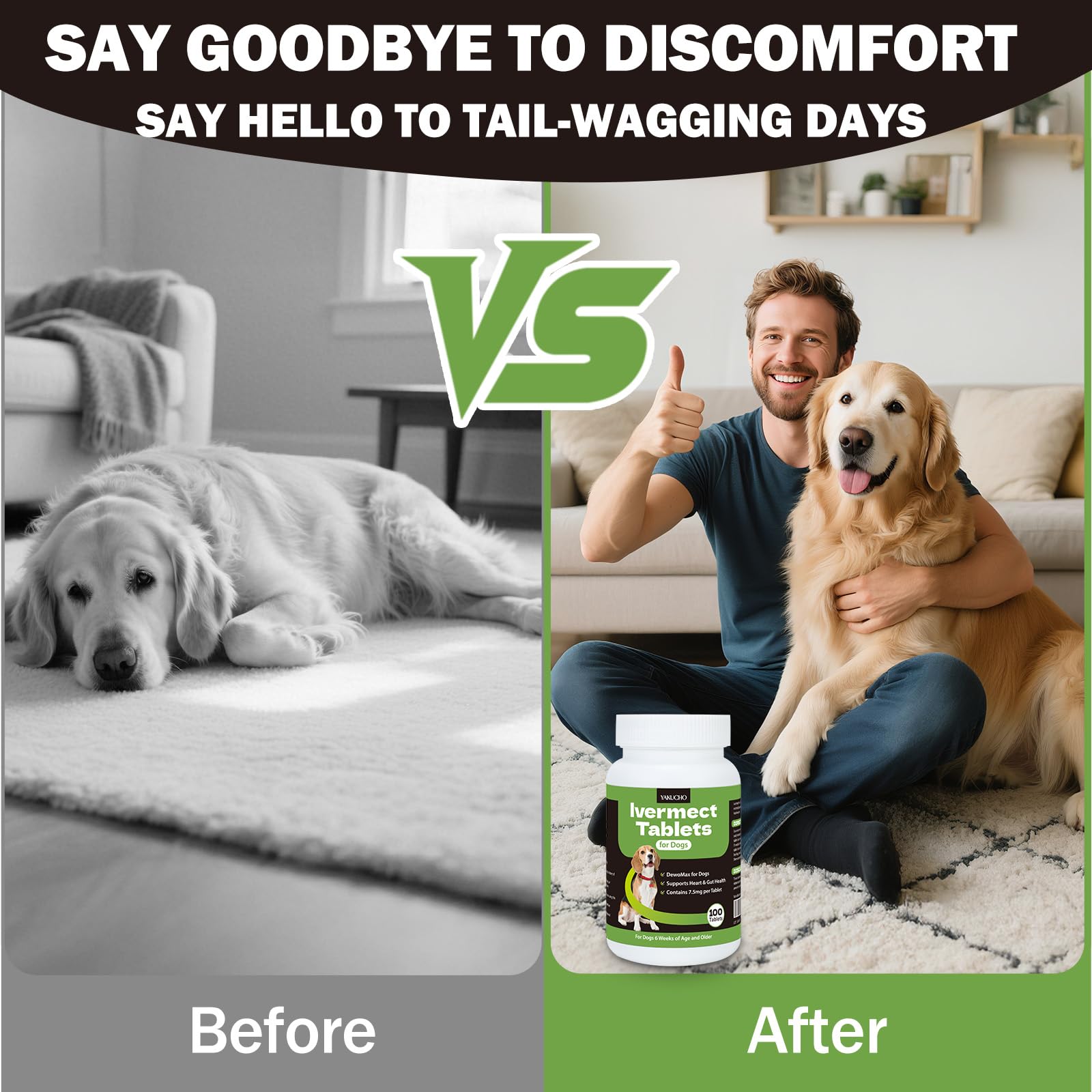 Yakucho lvermect tablets for dogs pouring into food; easy monthly feeding routine.
