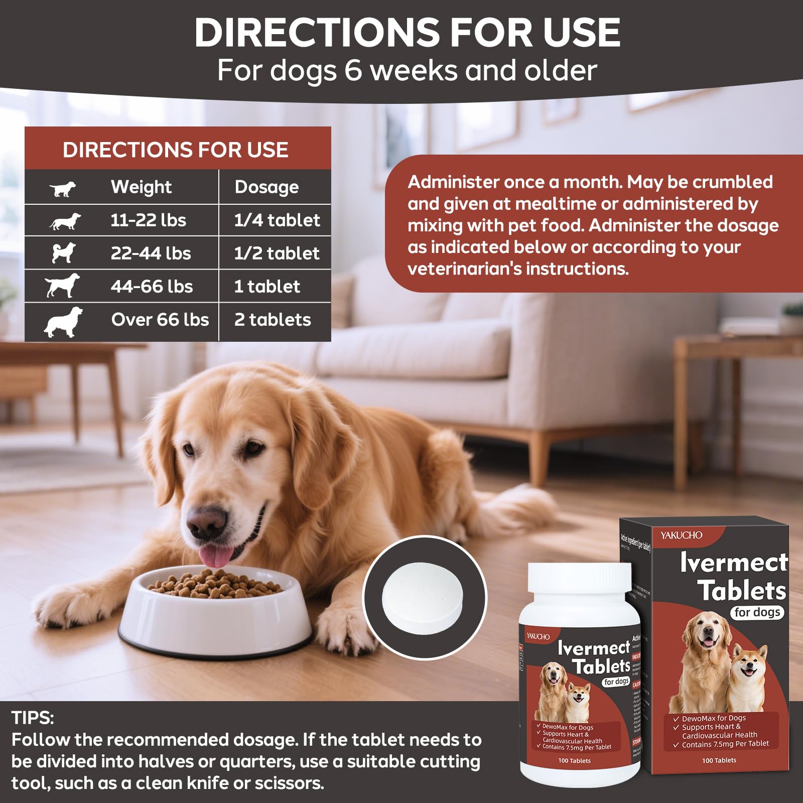 Yakucho pack of dog heart health tablets on a shelf display.