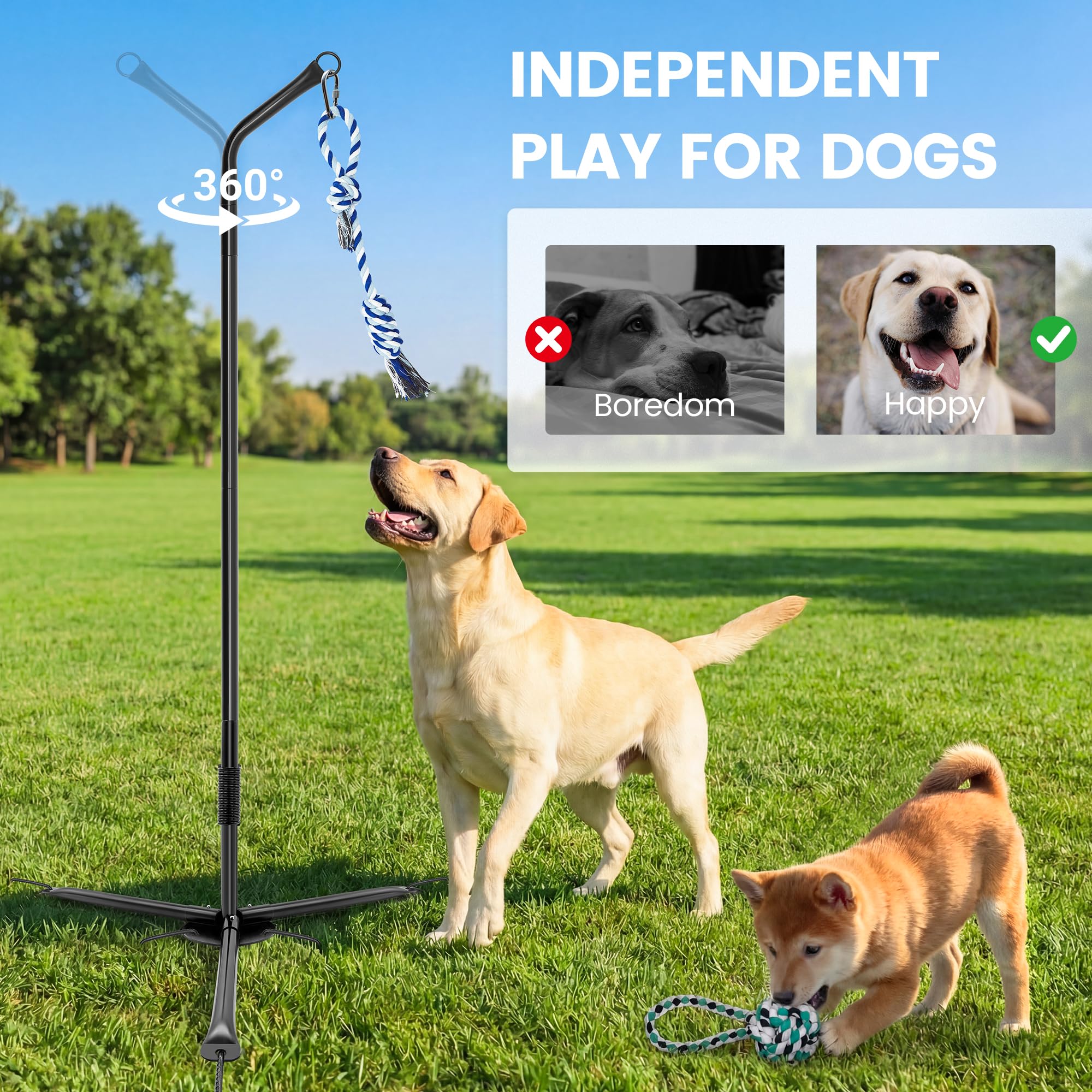 YALEENT Tether Tug height-adjustment shown for all dog sizes, suitable for small to large dogs
