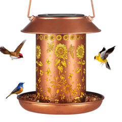Yamodoor Sunflower Solar Bird Feeder lantern with sunflower motif draws backyard birds at dusk