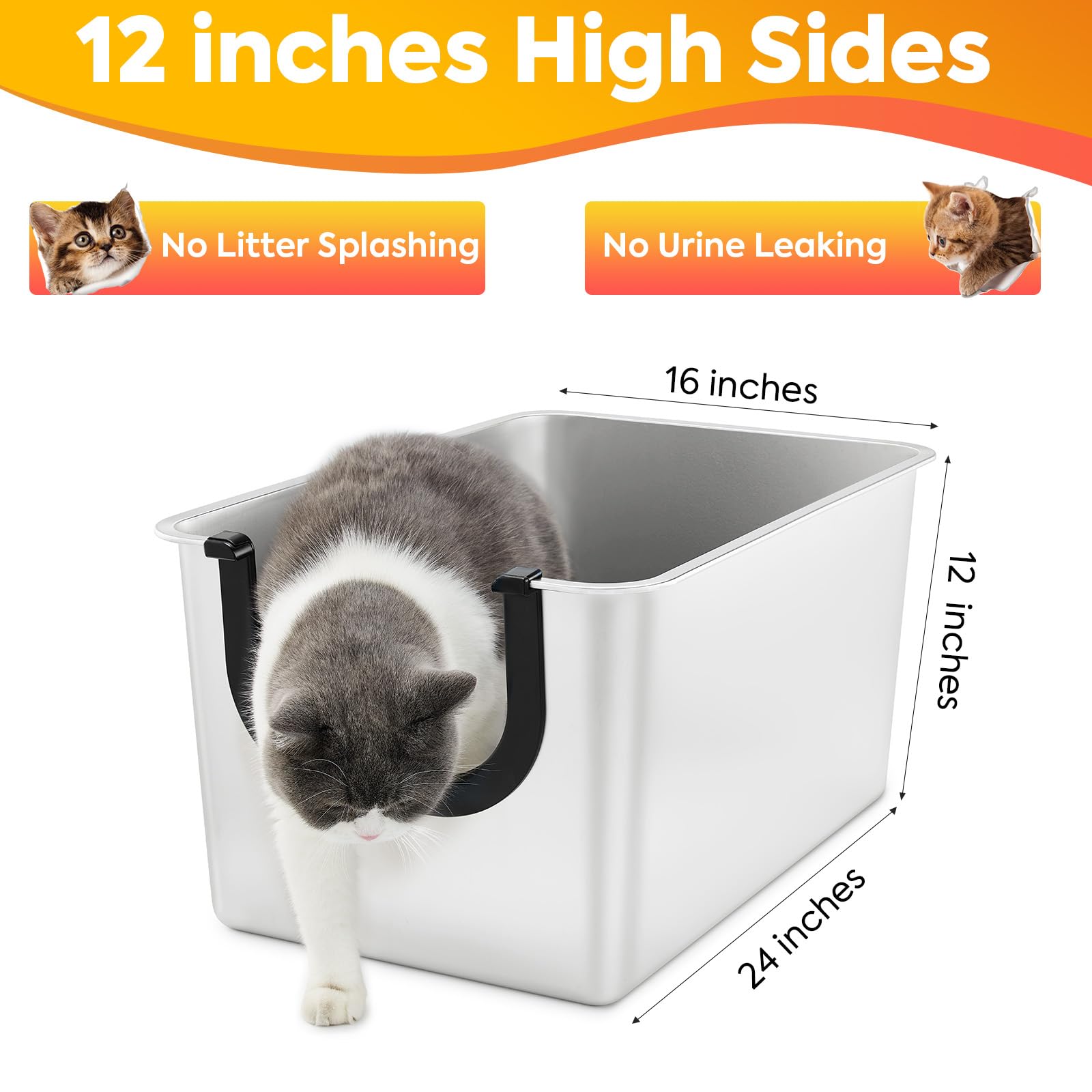 Yangbaga extra large stainless steel litter box with 12-inch high sides containment