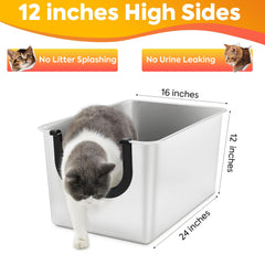 Yangbaga extra large stainless steel litter box with 12-inch high sides containment