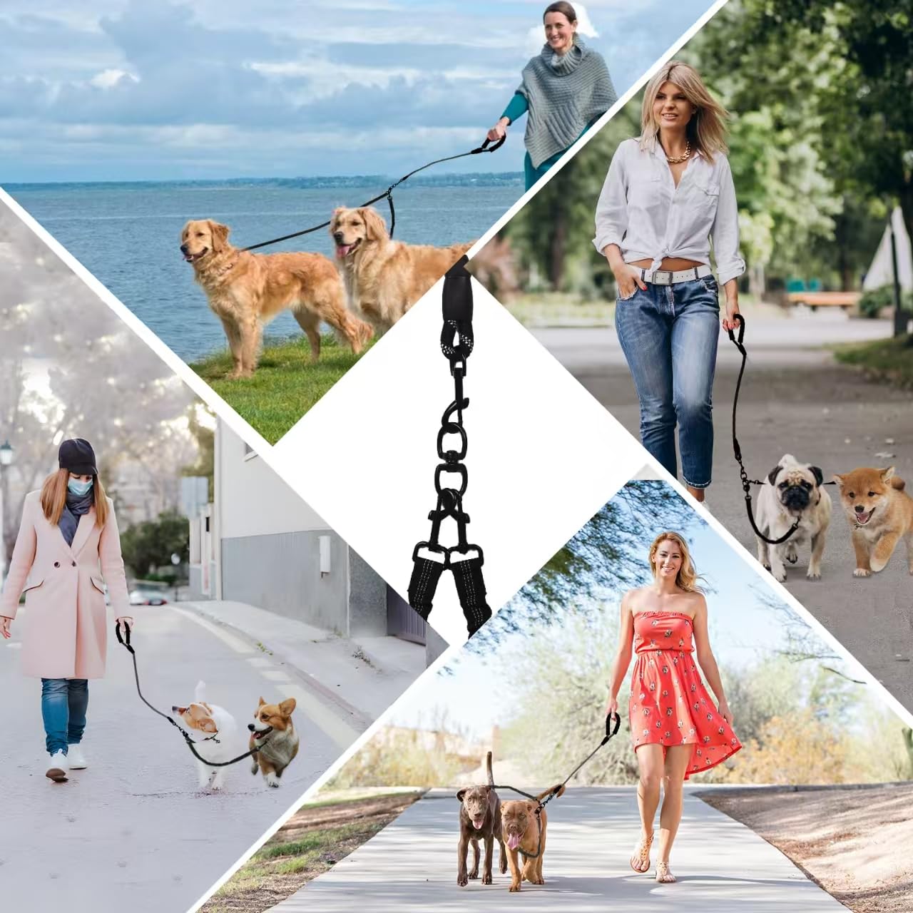 Y-ANNJYA black three-way leash ideal for urban dog walks.