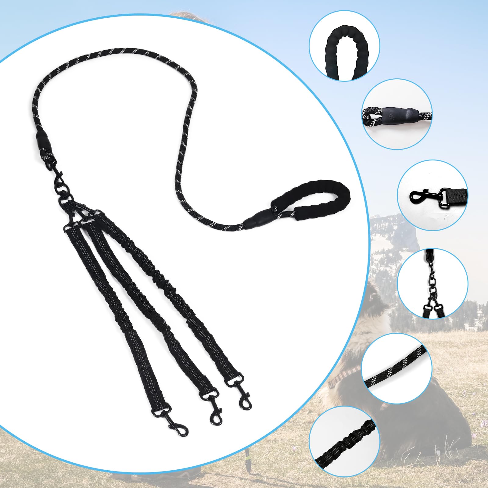 Y-ANNJYA three-dog leash with padded handles for secure grip on busy streets.