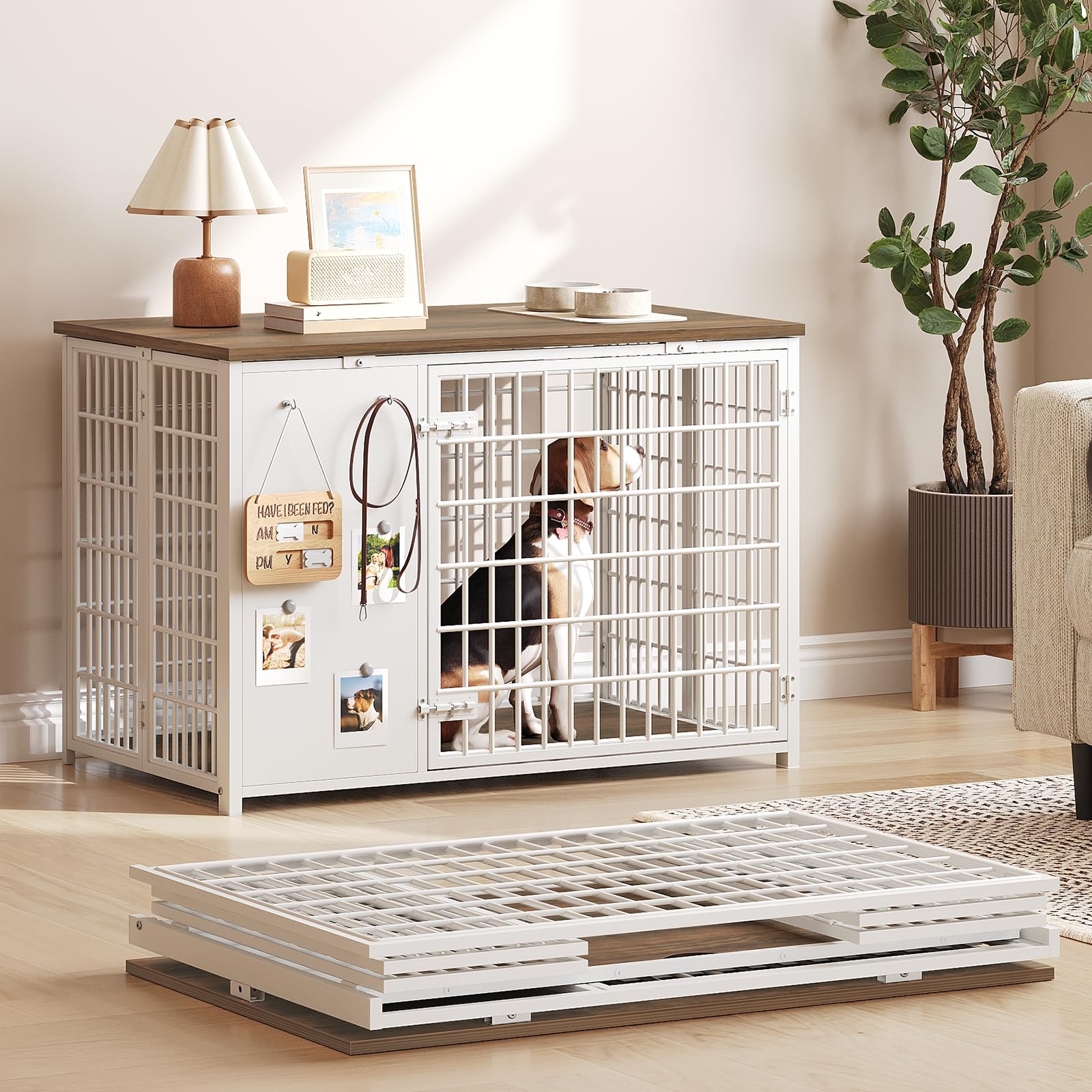 YATINEY foldable dog crate furniture in white and walnut, unfolds quickly for easy setup.