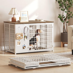 YATINEY foldable dog crate furniture in white and walnut, unfolds quickly for easy setup.